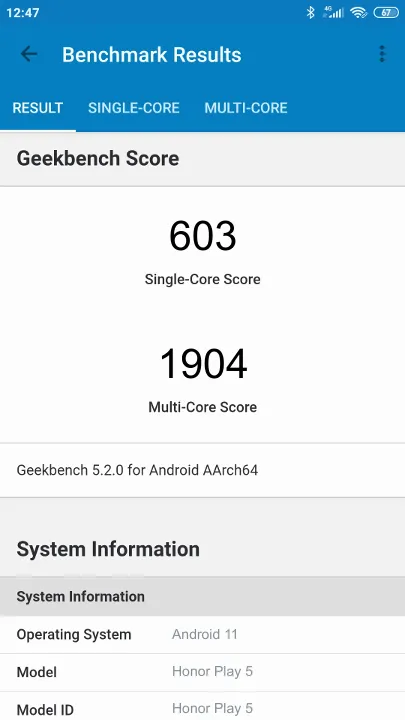 Honor Play 5 Geekbench Benchmark результаты теста (score / баллы)
