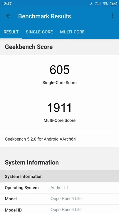 Oppo Reno5 Lite Geekbench Benchmark результаты теста (score / баллы)