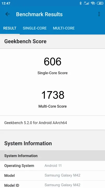 Samsung Galaxy M42 Geekbench Benchmark результаты теста (score / баллы)