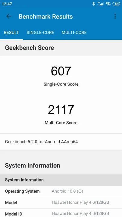 Huawei Honor Play 4 6/128GB Geekbench Benchmark результаты теста (score / баллы)
