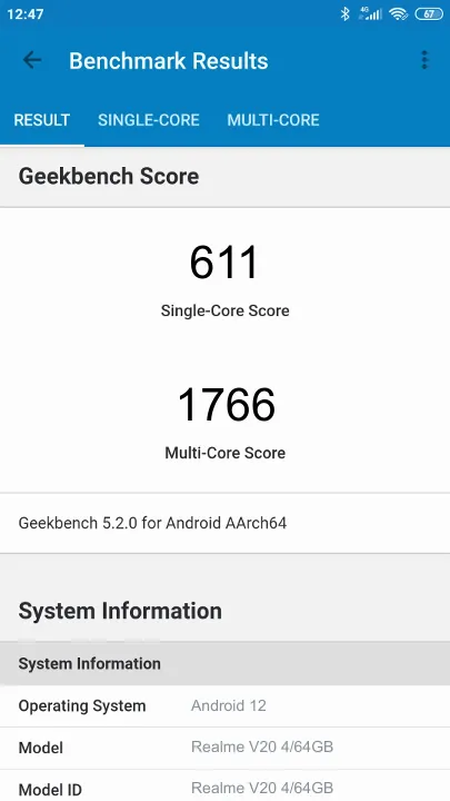 Realme V20 4/64GB Geekbench Benchmark результаты теста (score / баллы)