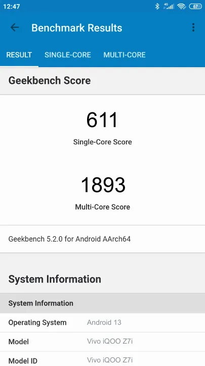 Vivo iQOO Z7i Geekbench Benchmark результаты теста (score / баллы)