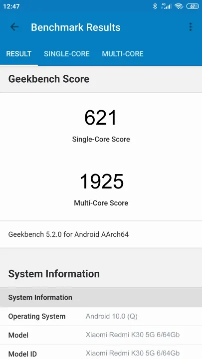 Xiaomi Redmi K30 5G 6/64Gb Geekbench Benchmark результаты теста (score / баллы)
