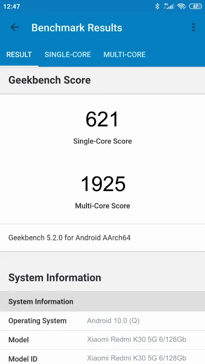 Xiaomi Redmi K30 5G 6/128Gb Geekbench Benchmark результаты теста (score / баллы)