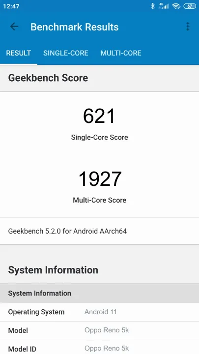 Oppo Reno 5k Geekbench Benchmark результаты теста (score / баллы)