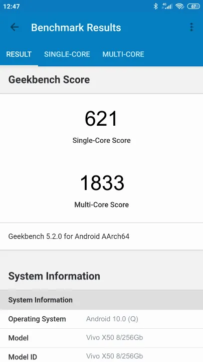 Vivo X50 8/256Gb Geekbench Benchmark результаты теста (score / баллы)