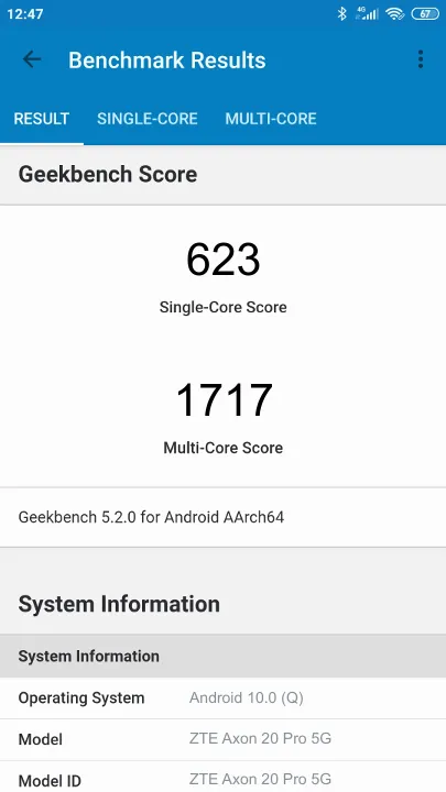 ZTE Axon 20 Pro 5G Geekbench Benchmark результаты теста (score / баллы)