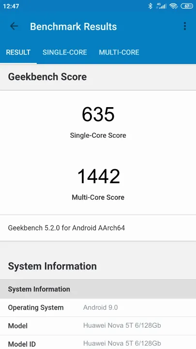 Huawei Nova 5T 6/128Gb Geekbench Benchmark результаты теста (score / баллы)