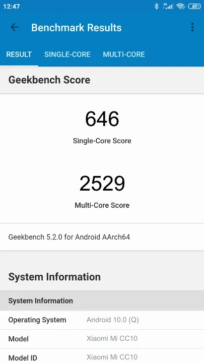 Xiaomi Mi CC10 Geekbench Benchmark результаты теста (score / баллы)