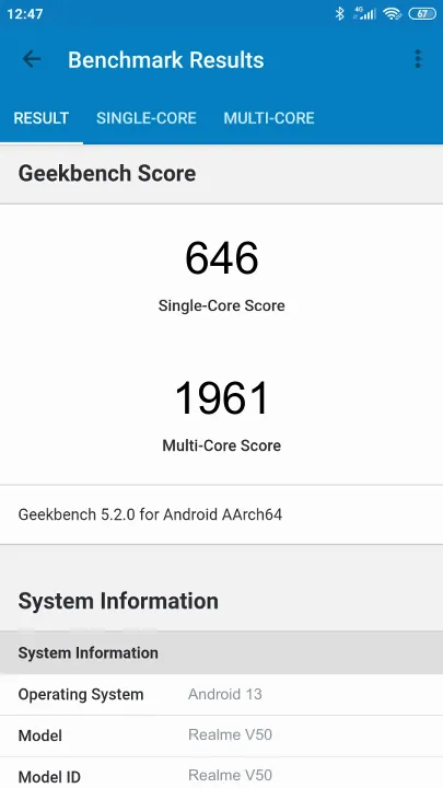 Realme V50 Geekbench Benchmark результаты теста (score / баллы)