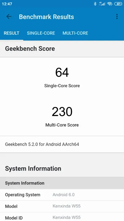 Kenxinda W55 Geekbench Benchmark результаты теста (score / баллы)