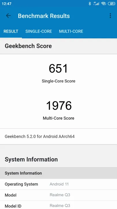 Realme Q3 Geekbench Benchmark результаты теста (score / баллы)