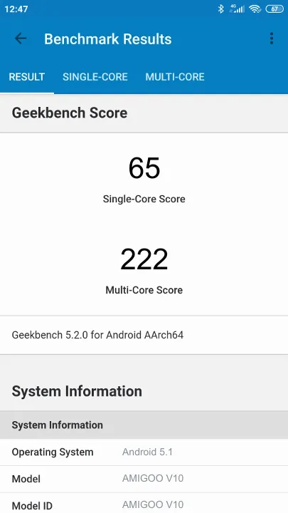 AMIGOO V10 Geekbench Benchmark результаты теста (score / баллы)