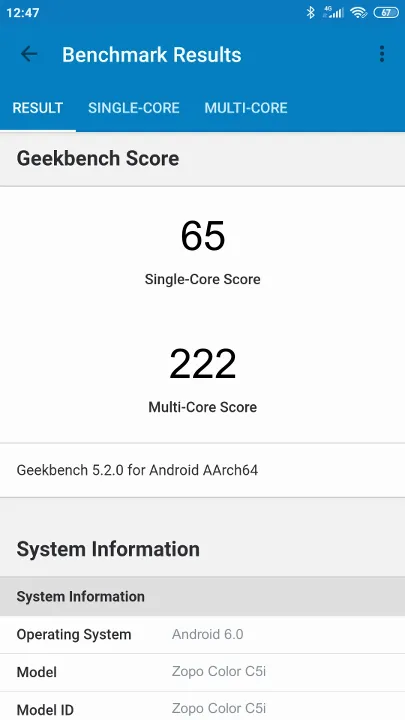 Zopo Color C5i Geekbench Benchmark результаты теста (score / баллы)