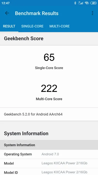 Leagoo KIICAA Power 2/16Gb Geekbench Benchmark результаты теста (score / баллы)
