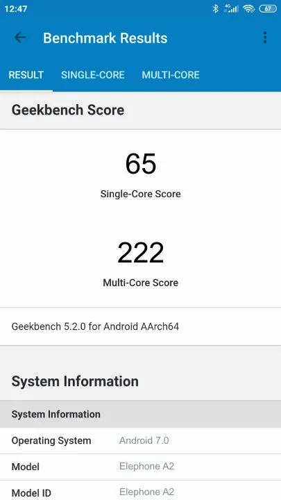 Elephone A2 Geekbench Benchmark результаты теста (score / баллы)