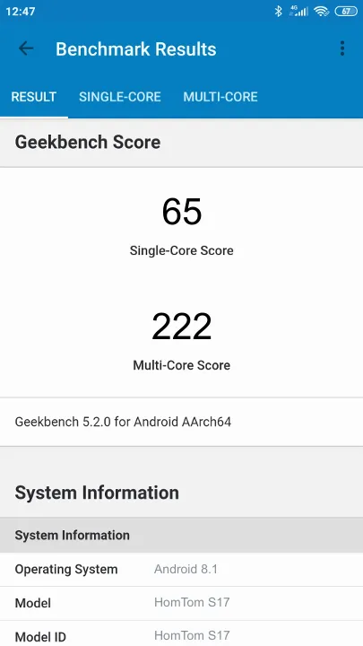 HomTom S17 Geekbench Benchmark результаты теста (score / баллы)
