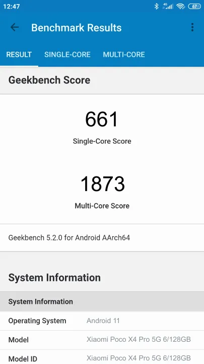 Xiaomi Poco X4 Pro 5G 6/128GB Geekbench Benchmark результаты теста (score / баллы)