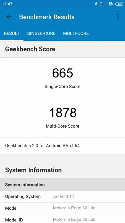Motorola Edge 30 Lite Geekbench Benchmark результаты теста (score / баллы)