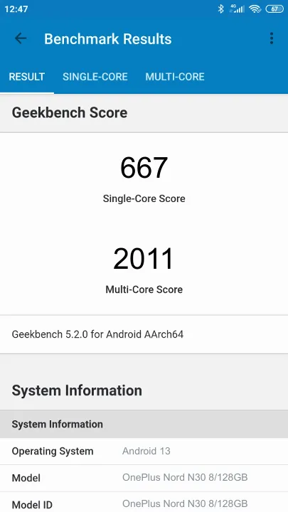 OnePlus Nord N30 8/128GB Geekbench Benchmark результаты теста (score / баллы)