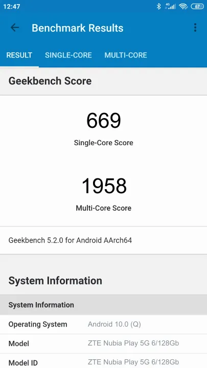 ZTE Nubia Play 5G 6/128Gb Geekbench Benchmark результаты теста (score / баллы)