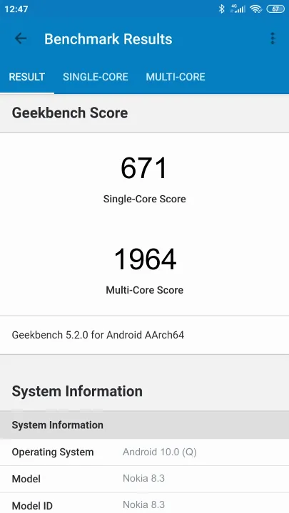 Nokia 8.3 Geekbench Benchmark результаты теста (score / баллы)