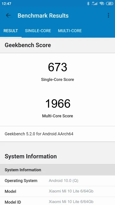 Xiaomi Mi 10 Lite 6/64Gb Geekbench Benchmark результаты теста (score / баллы)