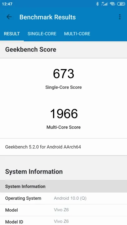 Vivo Z6 Geekbench Benchmark результаты теста (score / баллы)