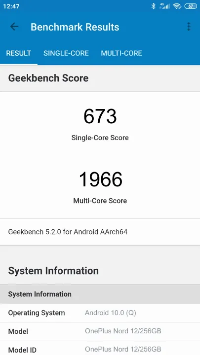 OnePlus Nord 12/256GB Geekbench Benchmark результаты теста (score / баллы)