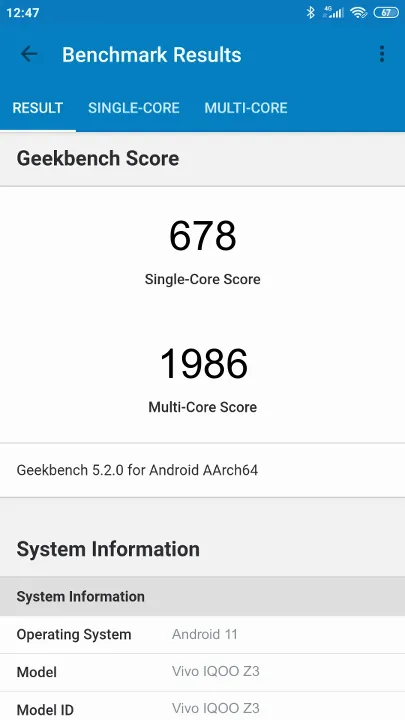 Vivo IQOO Z3 Geekbench Benchmark результаты теста (score / баллы)