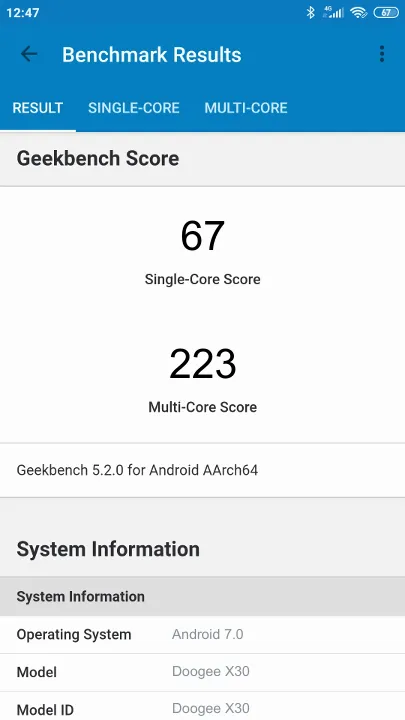 Doogee X30 Geekbench Benchmark результаты теста (score / баллы)