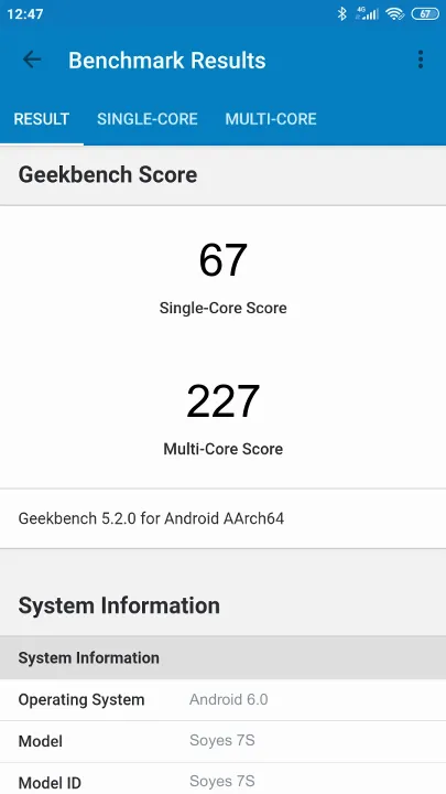 Soyes 7S Geekbench Benchmark результаты теста (score / баллы)