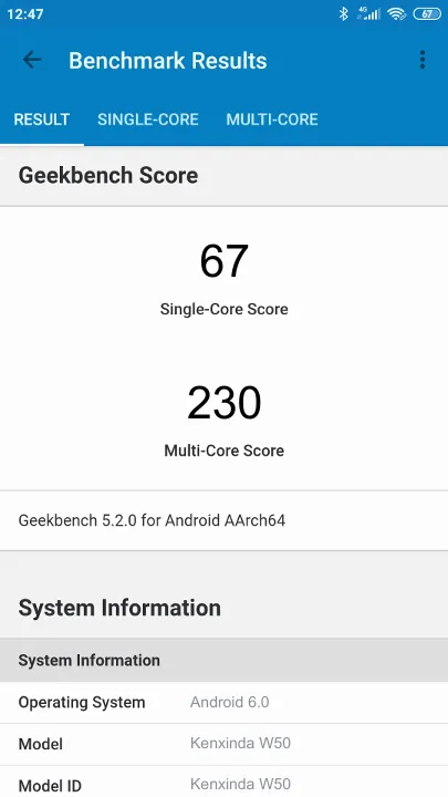 Kenxinda W50 Geekbench Benchmark результаты теста (score / баллы)