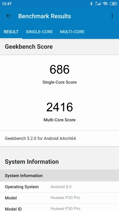 Huawei P30 Pro Geekbench Benchmark результаты теста (score / баллы)
