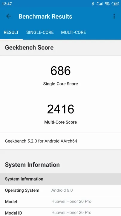 Huawei Honor 20 Pro Geekbench Benchmark результаты теста (score / баллы)