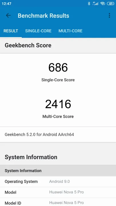 Huawei Nova 5 Pro Geekbench Benchmark результаты теста (score / баллы)