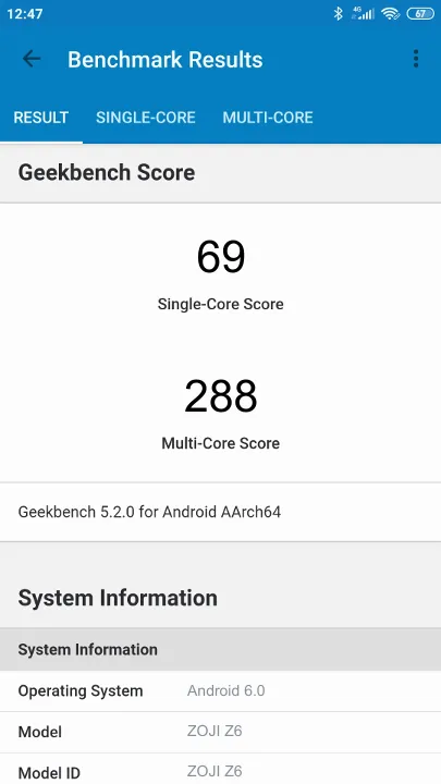 ZOJI Z6 Geekbench Benchmark результаты теста (score / баллы)