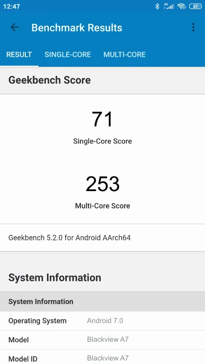 Blackview A7 Geekbench Benchmark результаты теста (score / баллы)