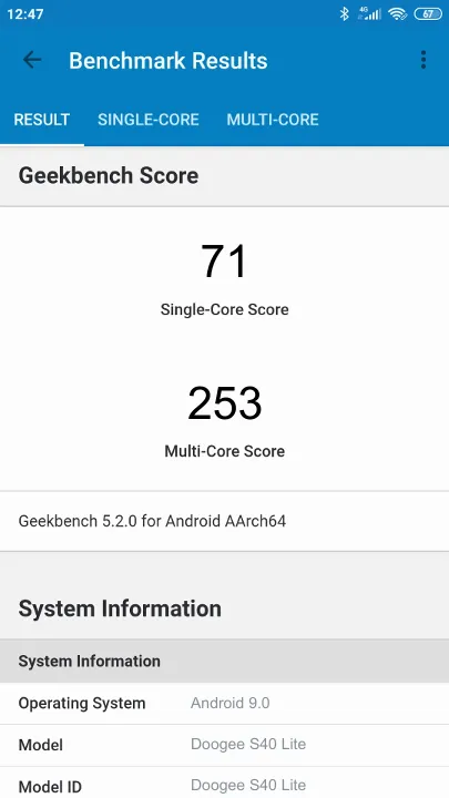 Doogee S40 Lite Geekbench Benchmark результаты теста (score / баллы)