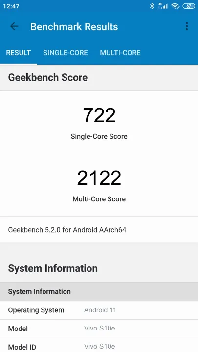 Vivo S10e Geekbench Benchmark результаты теста (score / баллы)
