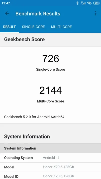 Honor X20 6/128Gb Geekbench Benchmark результаты теста (score / баллы)