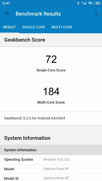 Ulefone Note 8P Geekbench Benchmark результаты теста (score / баллы)