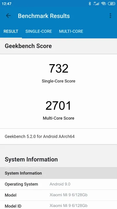 Xiaomi Mi 9 6/128Gb Geekbench Benchmark результаты теста (score / баллы)