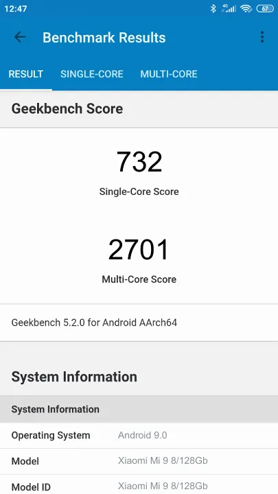 Xiaomi Mi 9 8/128Gb Geekbench Benchmark результаты теста (score / баллы)