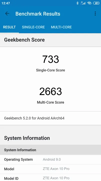 ZTE Axon 10 Pro Geekbench Benchmark результаты теста (score / баллы)