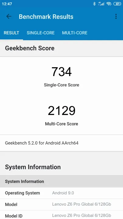 Lenovo Z6 Pro Global 6/128Gb Geekbench Benchmark результаты теста (score / баллы)