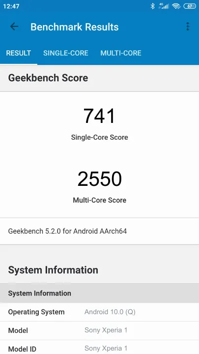 Sony Xperia 1 Geekbench Benchmark результаты теста (score / баллы)