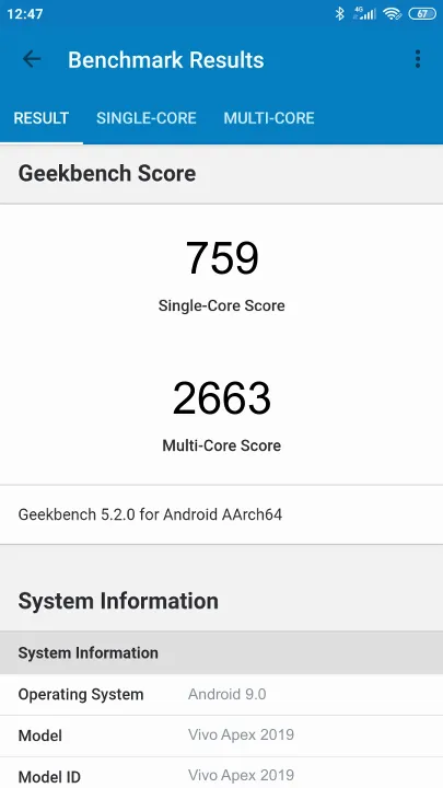 Vivo Apex 2019 Geekbench Benchmark результаты теста (score / баллы)