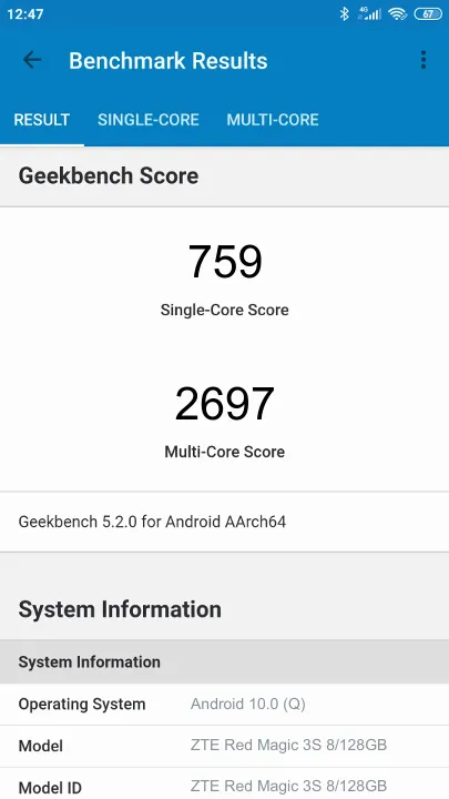 ZTE Red Magic 3S 8/128GB Geekbench Benchmark результаты теста (score / баллы)