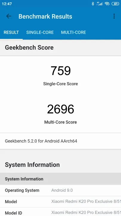 Xiaomi Redmi K20 Pro Exclusive 8/512Gb Geekbench Benchmark результаты теста (score / баллы)